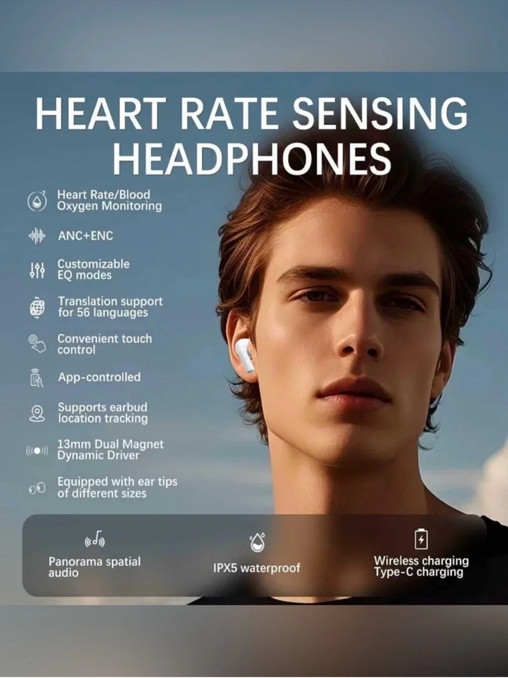 wireless earbuds ANC+ENC heart rate monitoring IPX6| pro3 real time translation